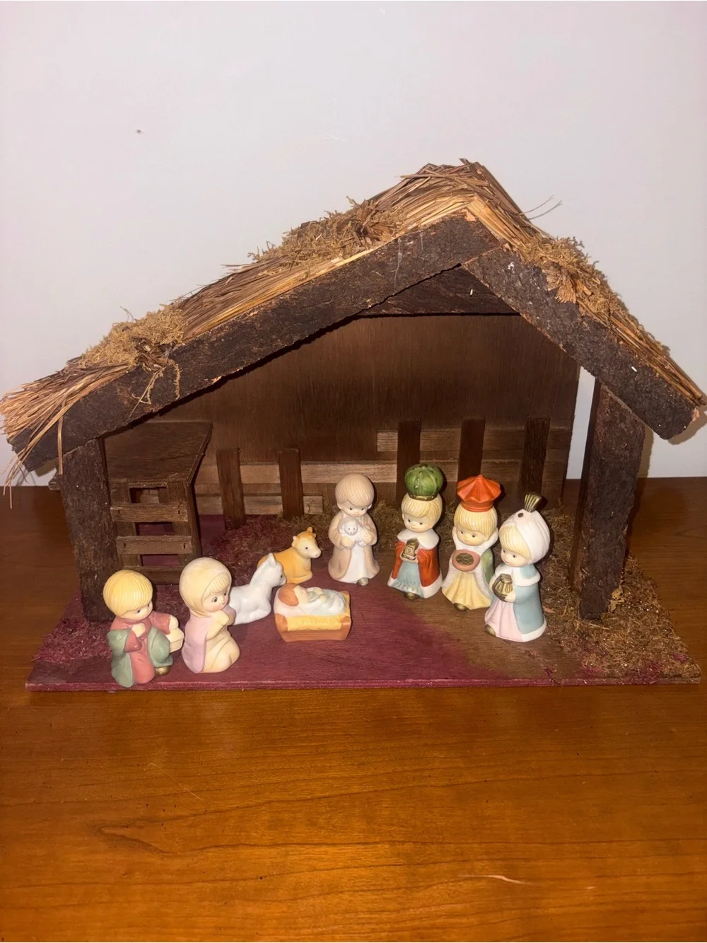 Vintage Christmas Wooden Nativity Set with Pastel Porcelain Figurines
